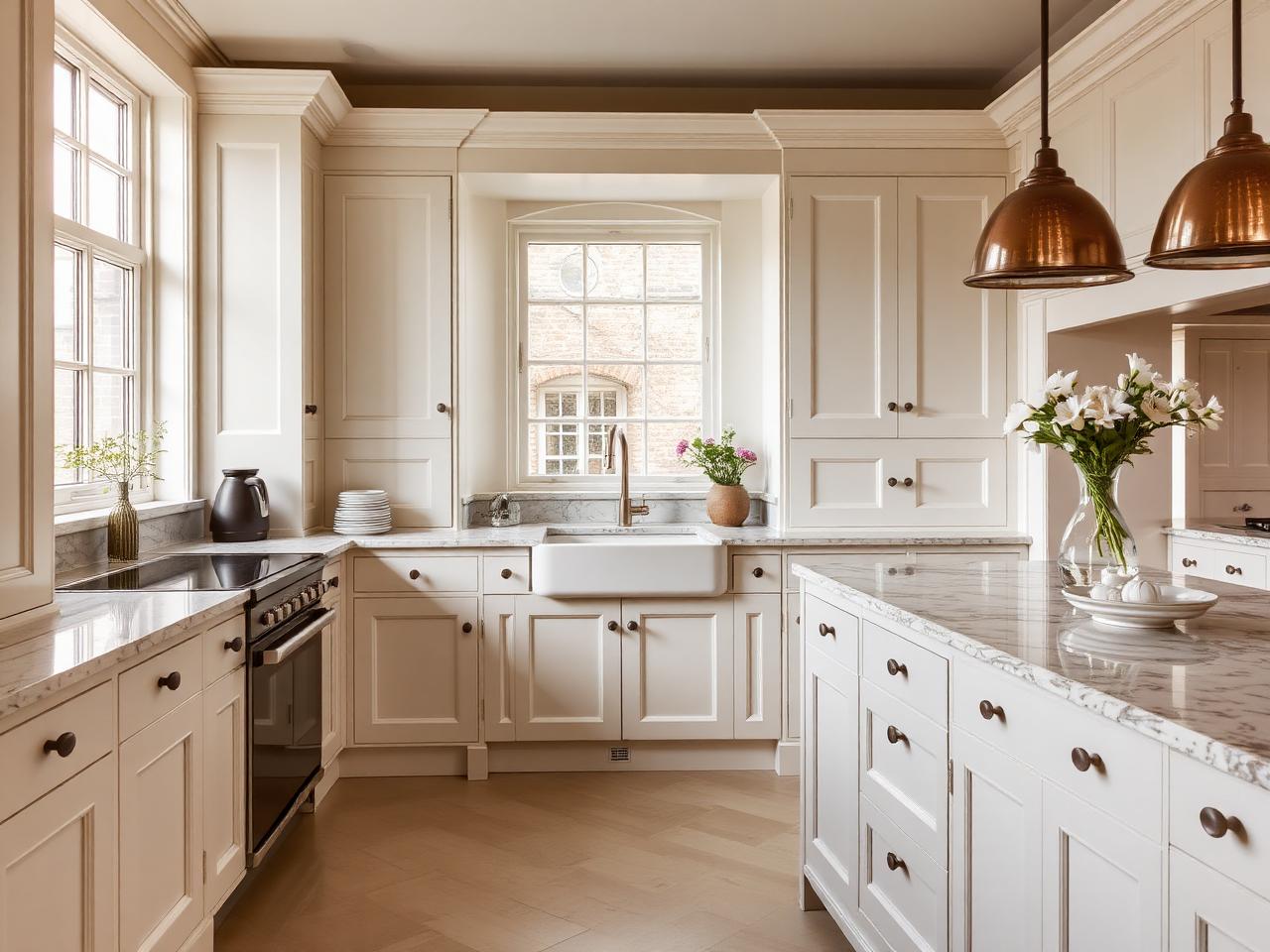 Bespoke fitted kitchen cabinetry around a period window with marble island