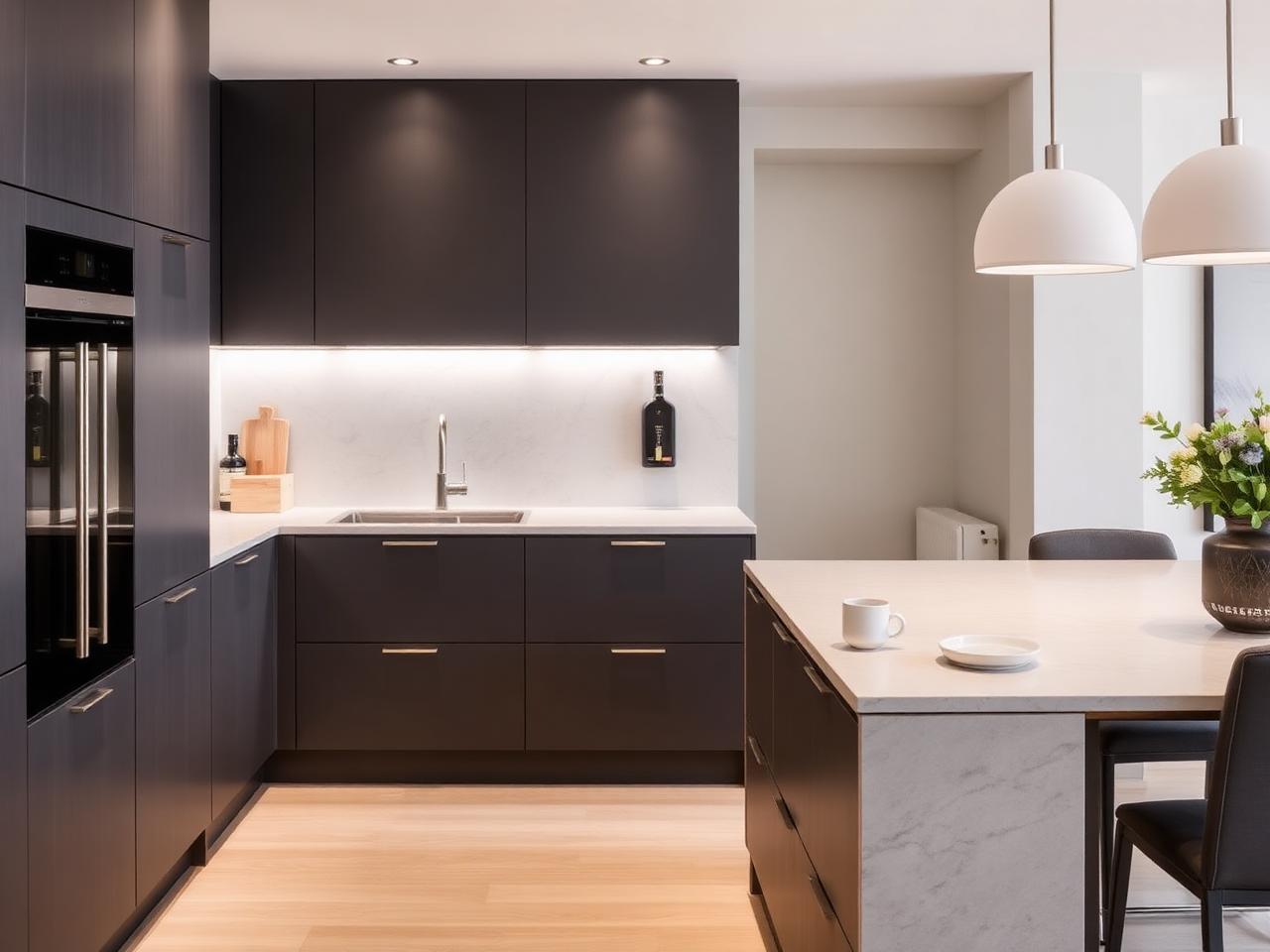 Contemporary graphite kitchen with pale stone worktop and concealed lighting