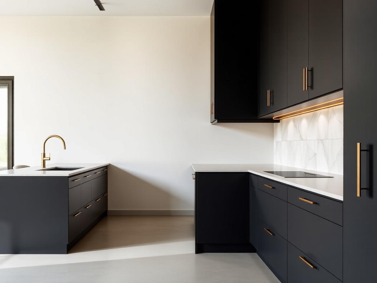 Minimal handleless dark kitchen with stone splashback and brass trim