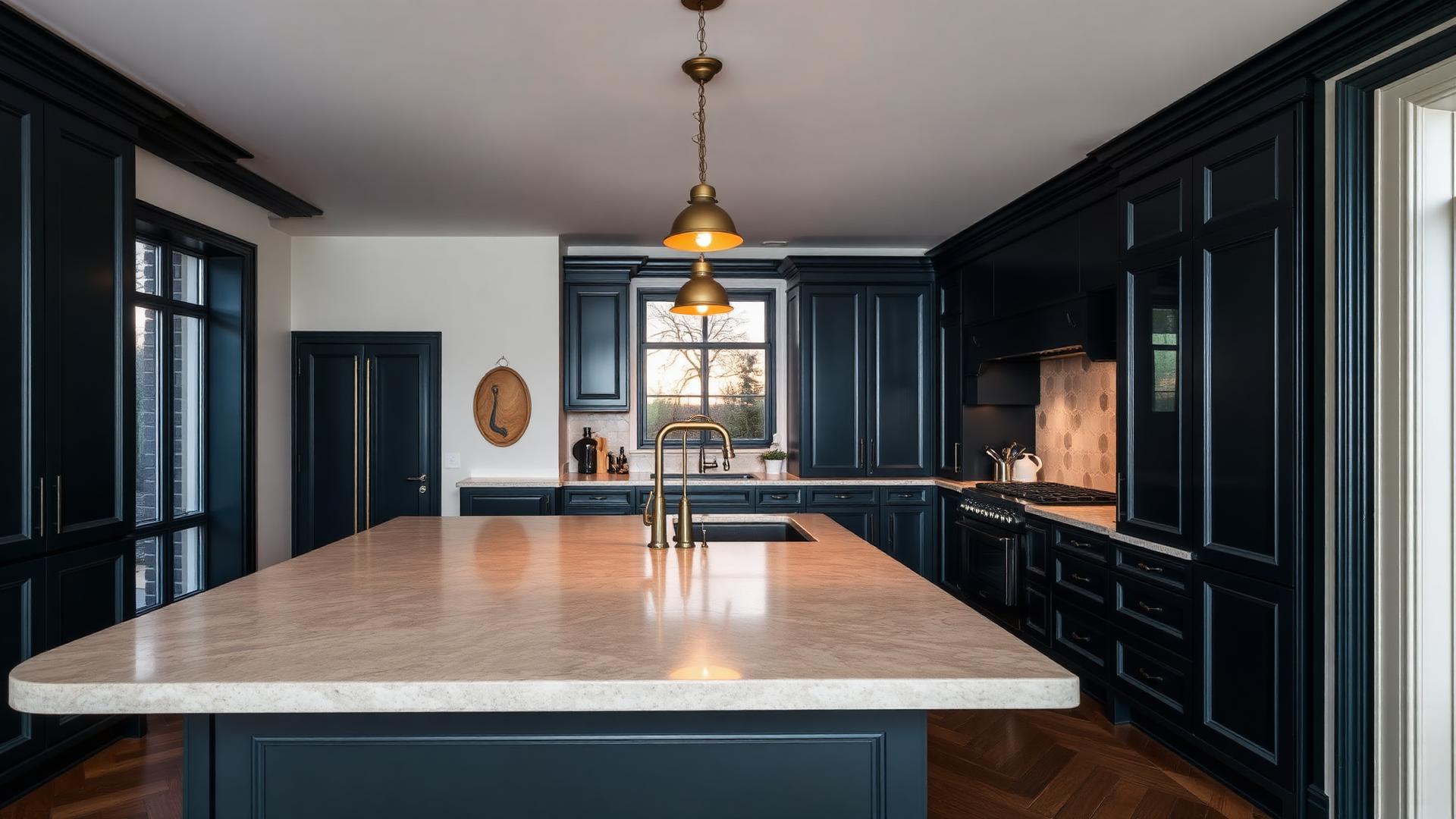 Dark in-frame kitchen with stone island and brass pendant lighting