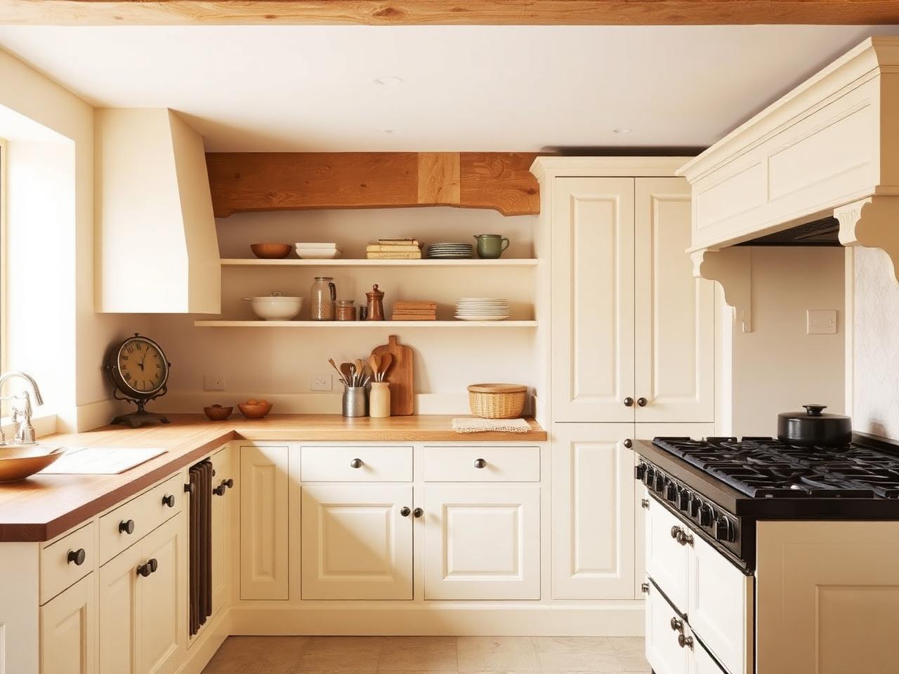 Traditional in-frame kitchen with cream painted cabinetry and oak worktop