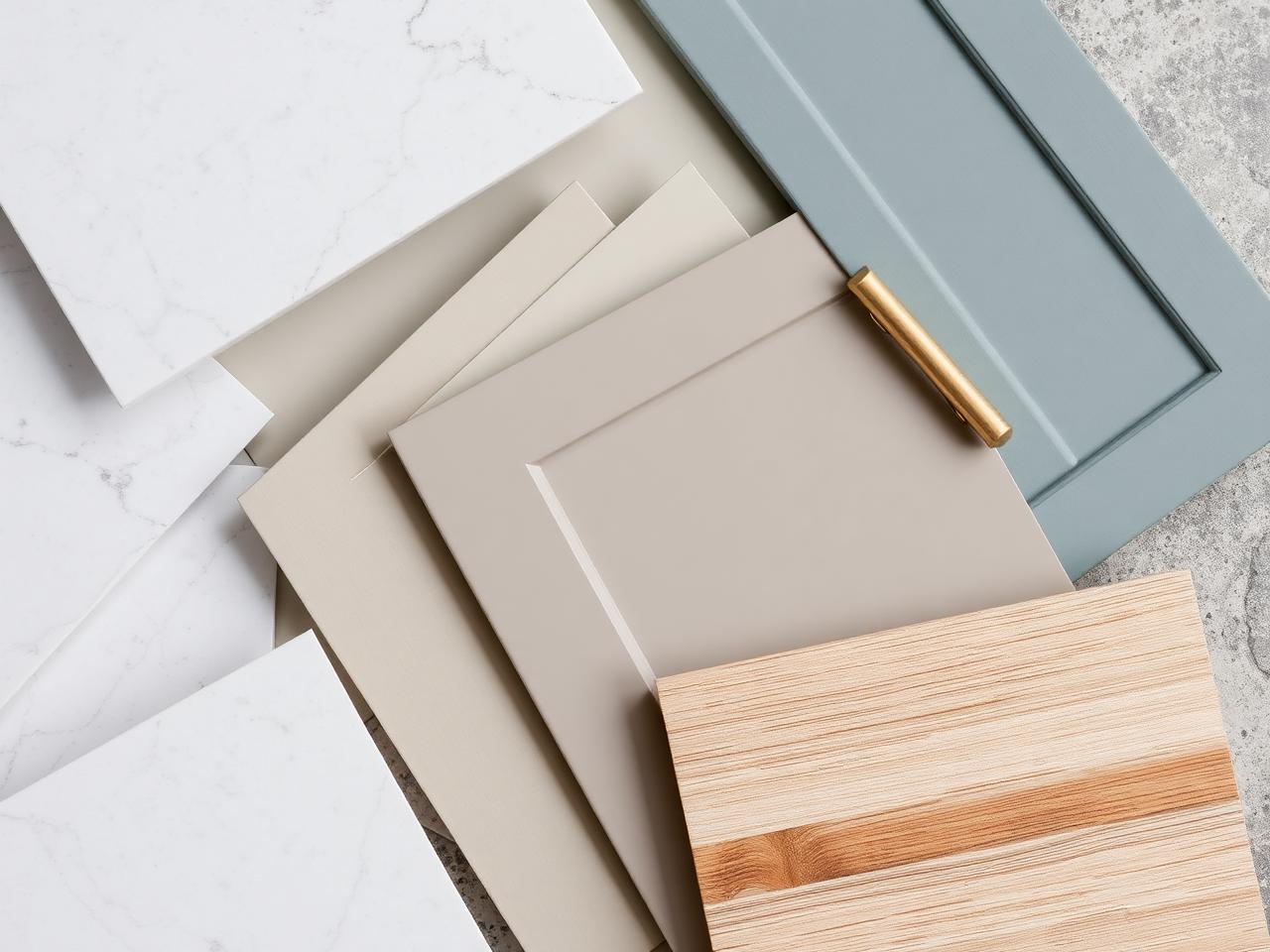 Painted cabinet door, quartz worktop and brass handle samples arranged together