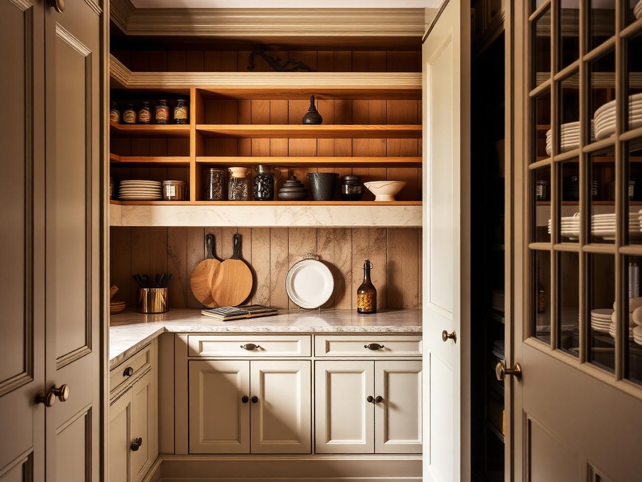 Walk-in pantry with painted cabinetry and oak shelving by Northwich Kitchens