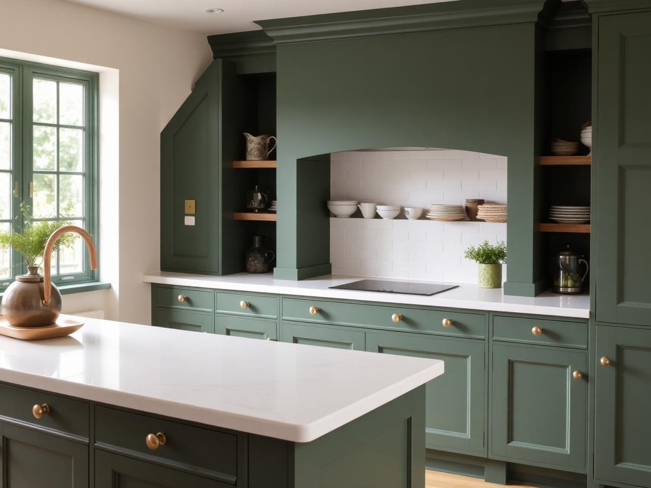 Painted reed green Shaker kitchen with brass cup handles and quartz worktop