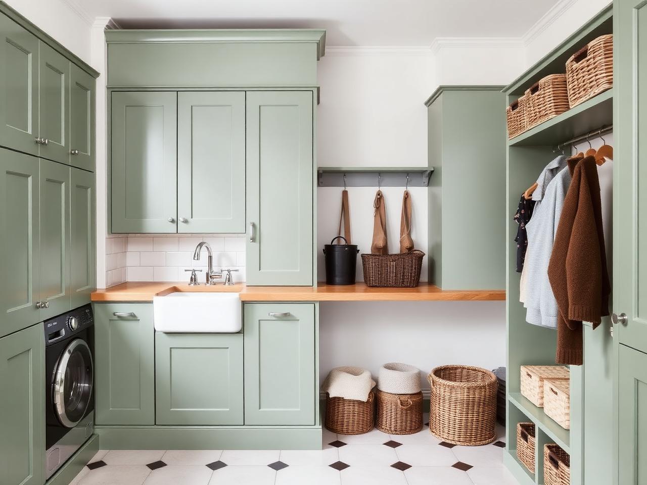 Sage green fitted utility room with butler sink and oak worktop