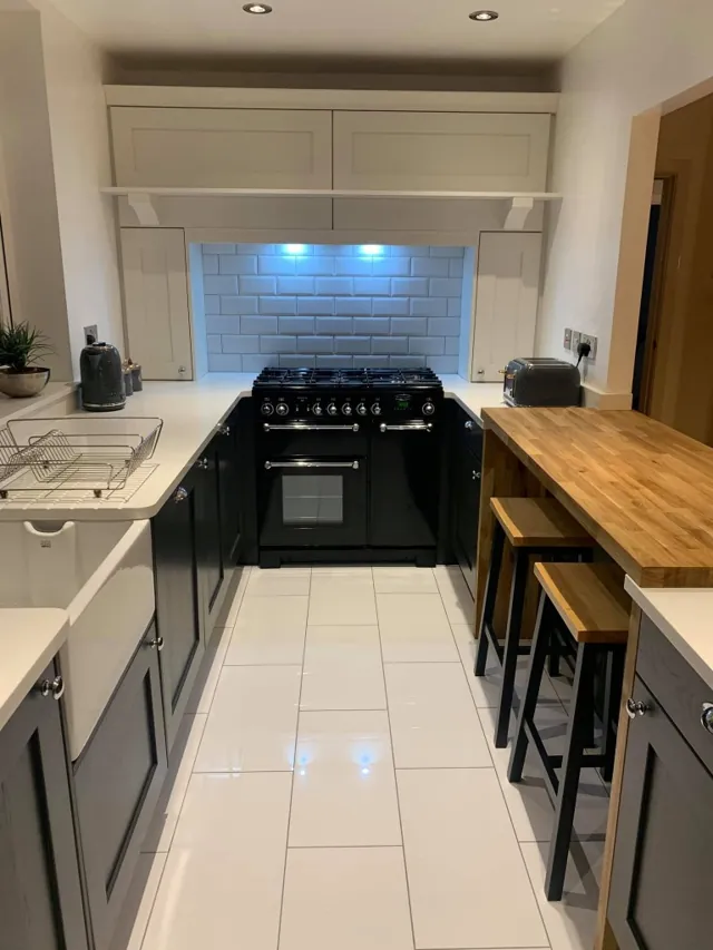 Navy kitchen with range cooker in a chimney recess and solid timber worktops